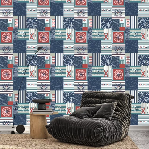 Tapete Nautical and sailing elements patchwork vector seamless pattern wallpaper