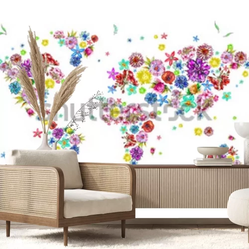 Sticker Aquarellillustration der Weltkarte in den Blumen