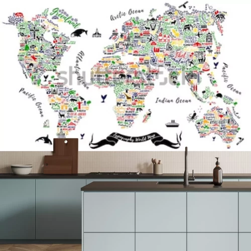 Sticker Typografie-Weltkarte. Reiseplakat mit Städten und Sehenswürdigkeiten. Inspirierende Vektor-Illustration.