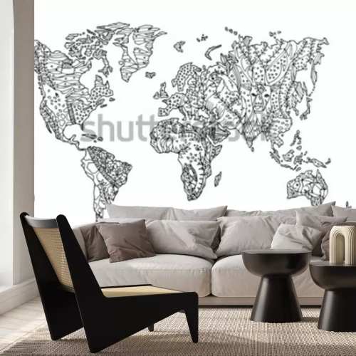 Sticker Tierweltkarte Wildtierblumenblumenzeichnung Design Hand gezeichnete Vektorillustration