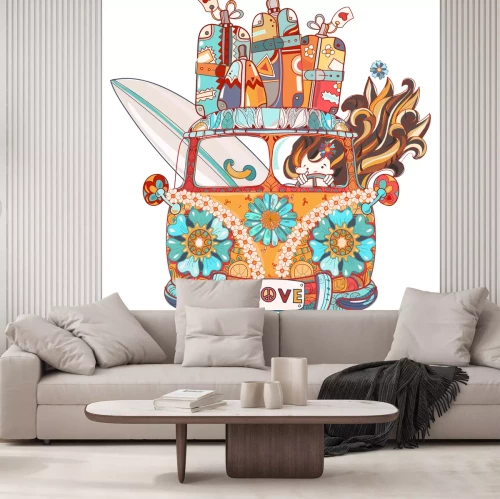 Sticker Hand gezeichnete Retro- Busreise des Gekritzelentwurfs verziert mit Vorderansicht der Verzierungen Vektor-Zen-Kunstillustration Blumenverzierung Skizze für Tätowierungs- oder printBoho-Art.