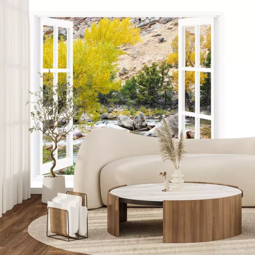 Fototapete Offenes Fenster mit schöner Natur auf einem Hintergrund