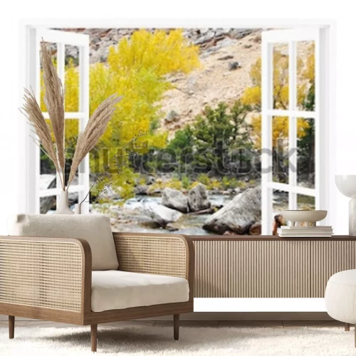 Fototapete Offenes Fenster mit schöner Natur auf einem Hintergrund