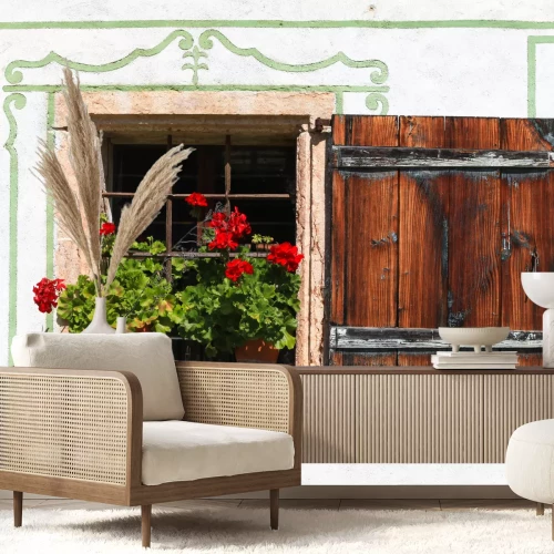 Fototapete Schönes Landhausfenster mit Blumen