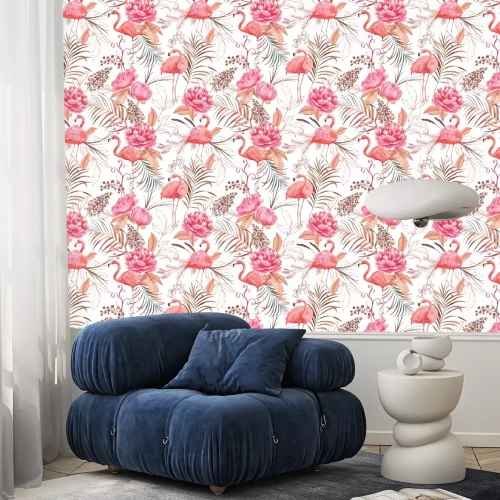Tapete Flamingos und rosa Pfingstrosen