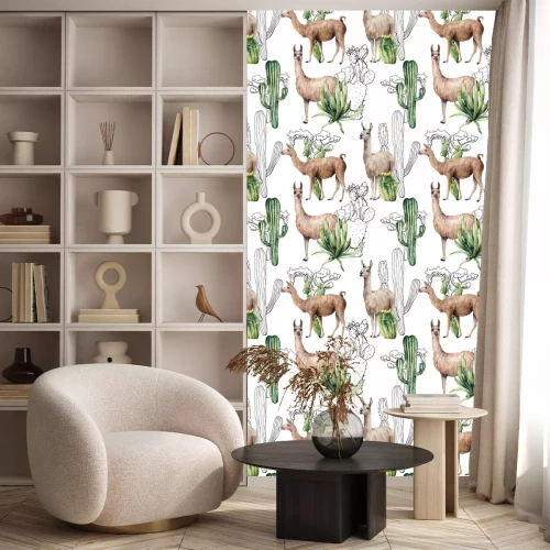 Tapete Watercolor seamless pattern with llama and desert cacti. Hand painted botanical illustration with lama animal and plants on blue background. For design, print, fabric or background.
