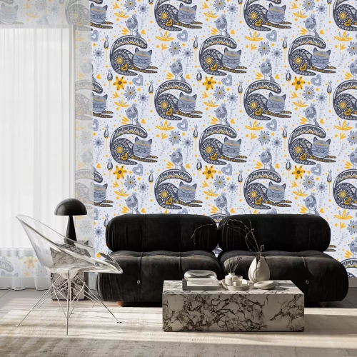 Tapete Gemusterte Katzen und Vögel