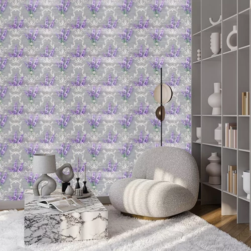 Tapete Damask ornament and lavender Vector pattern. Delicate floral decor watercolor. Spring summer texture banner templates