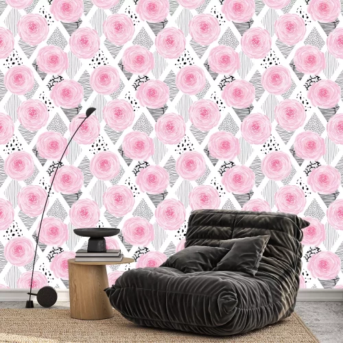 Tapete Englische Rosen und schwarz-wei?e Rhomben