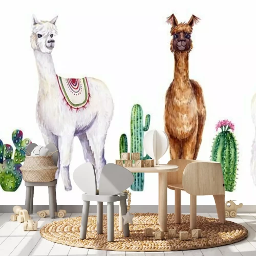 Sticker Set of watercolor alpacas and cactus. Colorful illustration isolated on white. Hand painted animals and plants perfect for card making, wallpaper, fabric textile, interior design