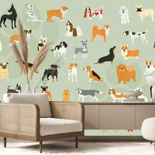 Fototapete Hündchen verschiedener Rassen auf grünem Hintergrund