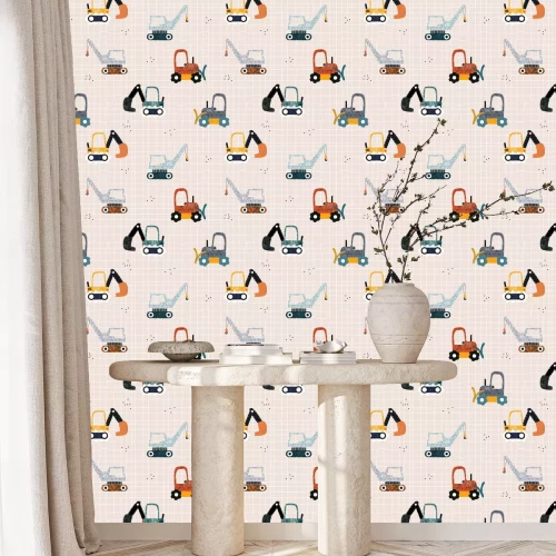 Tapete Kids seamless pattern with building equipment. Funny creative print for textile. Vector hand drawn illustration.