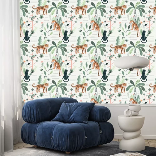 Tapete Wildlife color vector seamless pattern. Panther and tiger background. Rainforest, jungle fauna, flora. Tropical plants, palms, flowers. Decorative animal textile, wallpaper, wrapping paper design