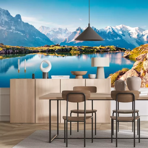 Sticker Buntes Sommerpanorama des Lac Blanc-Sees mit Mont Blanc (Monte Bianco) auf Hintergrund, Chamonix-Standort. Schöne Szene im Freien im Naturreservat Vallon de Berard, Graian Alps, Frankreich, Europa.