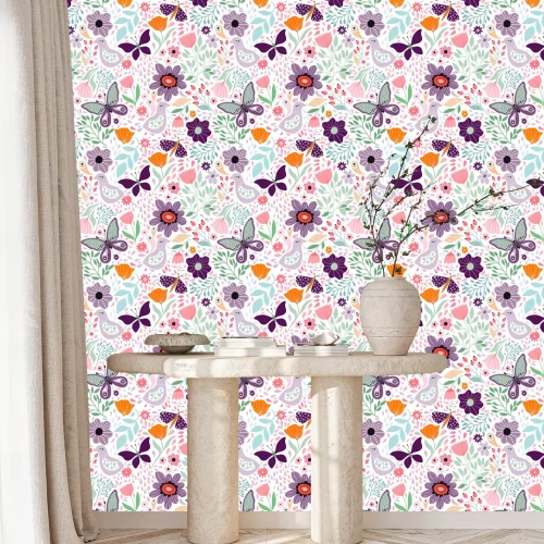 Tapete Schmetterlinge, Vögel und mädchenhafte Blumen