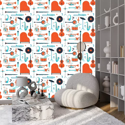 Tapete Musikinstrumente, Ausrüstung Retro Vektor flach nahtloses Muster