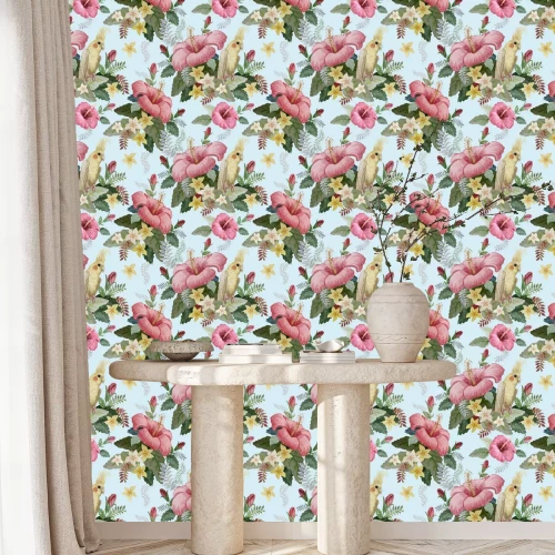 Tapete Floral seamless pattern. Pink hibiscus and frangipani flowers, yellow Australian parakeet, fantasy tropical foliage on a light blue background. Wallpaper, batik paint, chintz design