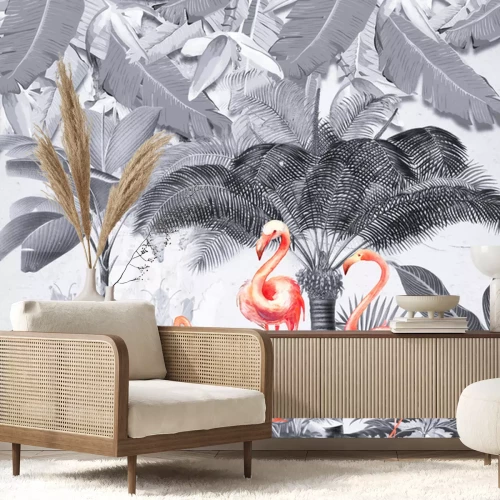 Sticker Landscape monochrome background, jungle, palm trees and large plants, large feathers, three pink flamingos
