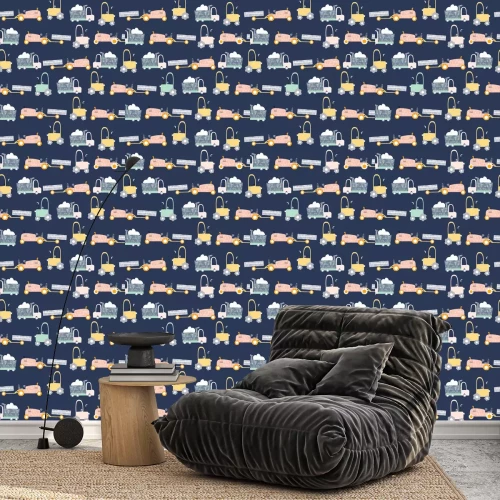 Tapete Childish seamless pattern with truck and tractor. Scandinavian kids print. Vector hand drawn illustration.