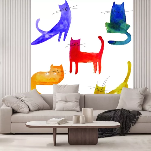 Sticker Katze für Kinder bunte Katzen mit schwarzem Schnurrbart Aquarell