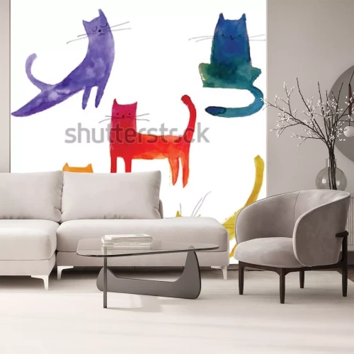 Sticker Katze für Kinder bunte Katzen mit schwarzem Schnurrbart Aquarell