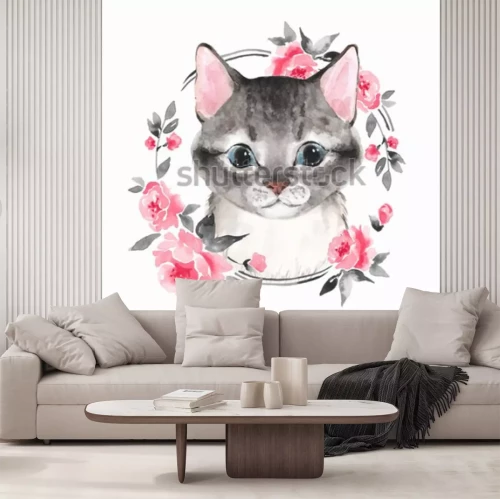 Sticker Katze für Kinder in rundem Rahmen mit Blumen Aquarell