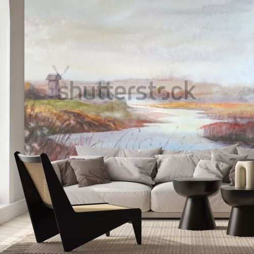 Fototapete Fluss und Felder im Vintage-Stil