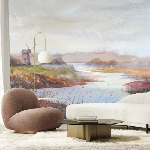 Fototapete Fluss und Felder im Vintage-Stil