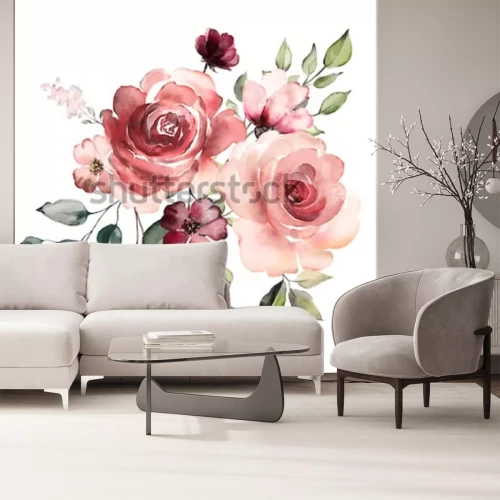 Fototapete Aquarellstrauß aus Rosen und Blättern