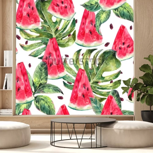 Sticker Wassermelonenstücke vor dem Hintergrund tropischer Blätter