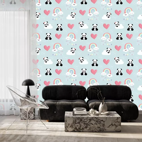 Tapete Niedliche Pandas in den Wolken zwischen den Herzen