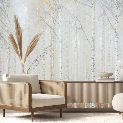 Fototapete Birkenwald in Nebel Landschaft