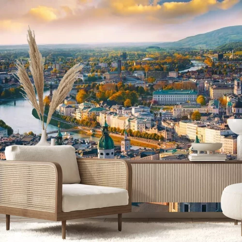 Fototapete Beautiful of Aerial panoramic view in a Autumn season at a historic city of Salzburg with Salzach river in beautiful golden evening light sky and colorful of autumn at sunset, Salzburger Land, Austria