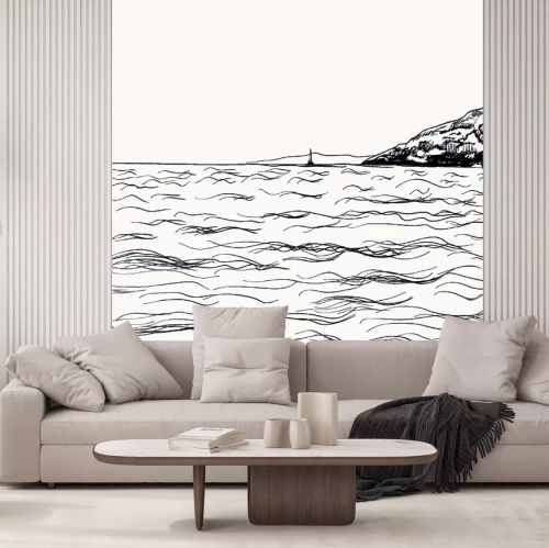 Sticker Vektorskizze der Sommerseelandschaft. Blick auf das Meer und die Berge