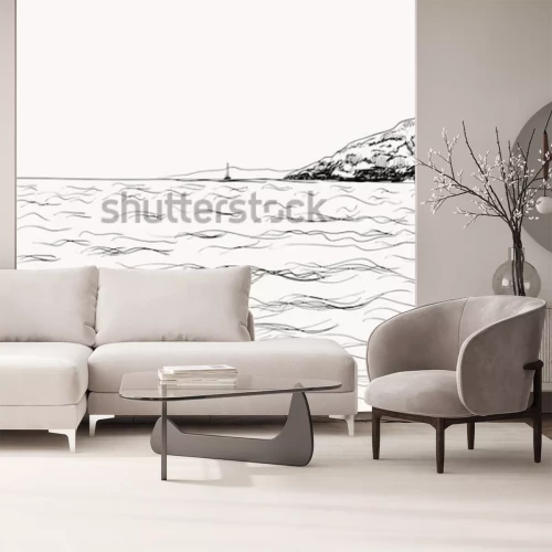 Sticker Vektorskizze der Sommerseelandschaft. Blick auf das Meer und die Berge