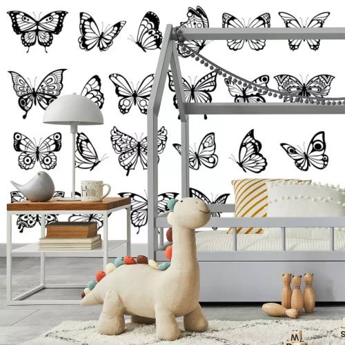 Sticker Schwarz-weiße Grafiken mit verschiedenen Arten von Schmetterlingen