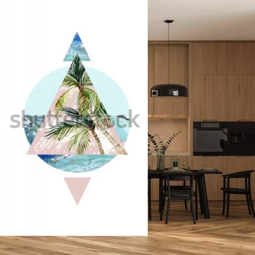 Sticker Abstrakter Sommerhintergrund. Dreieck, Kreis, Aquarellpalme, Blatt, Marmorschmutzbeschaffenheiten. Geometrisches Design für T-Shirt, Flyer, Poster im Retro-80er, 90er Jahre. Handgemalte Sommerstrandil