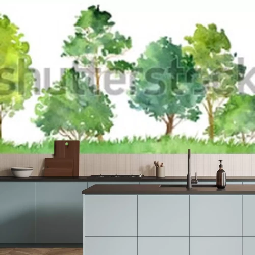 Sticker Aquarelllandschaft mit Laubbäumen, Kiefer, Büschen und Gras, nahtloses Muster, abstrakter Naturhintergrund, Waldgrenze, Hand gezeichnete Illustration