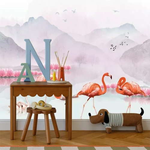 Fototapete Landscape illustration, hills, flock of birds in the air, pink trees, a pair of swans in the lake, three flamingos in the foreground