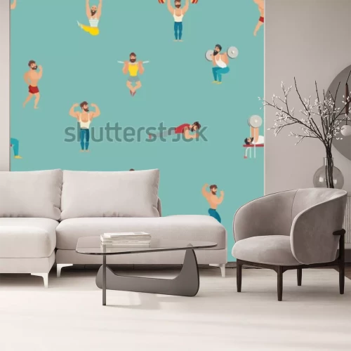 Sticker Sport- und Turnhallenvektormuster. Hintergrund des Handabgehobenen betrages mit muskulöser, bärtiger bemannt Illustration. Cartoon nahtlose Hintergrund. Tapete mit den Eignungsmodellen, werfend auf un