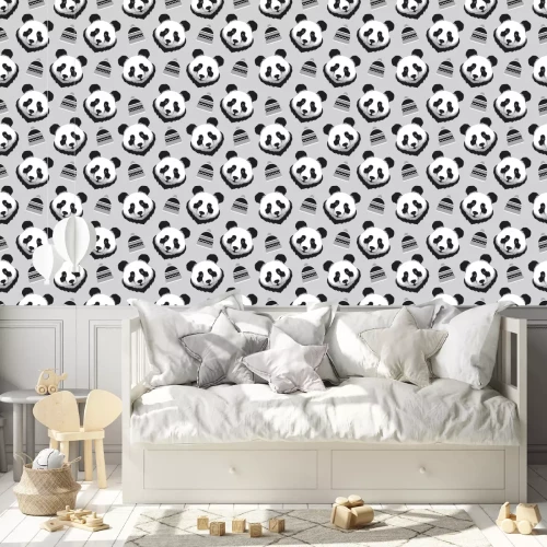 Tapete Pandabären auf grauem Hintergrund mit Hüten