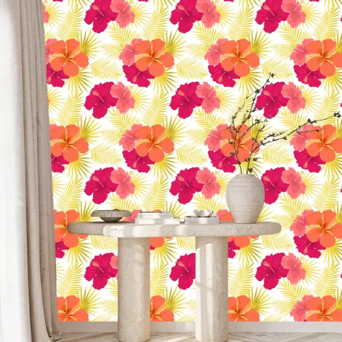 Tapete Tropisches Muster des Vektors mit Hibiskusblüten und tropischen Blättern. Blumenhintergrunddesign für Kosmetik, Spa und Textil