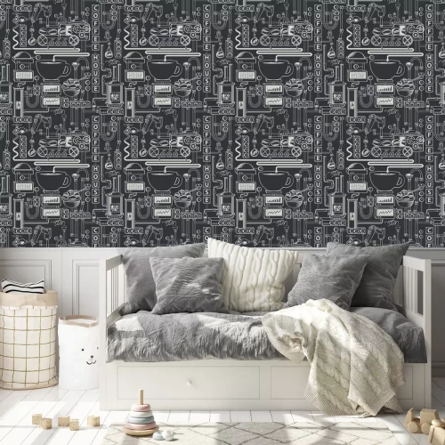 Tapete Vector seamless pattern on coffee theme with a cup of freshly brewed coffee, plant with conveyor coffee production in retro style and with words Coffee house.