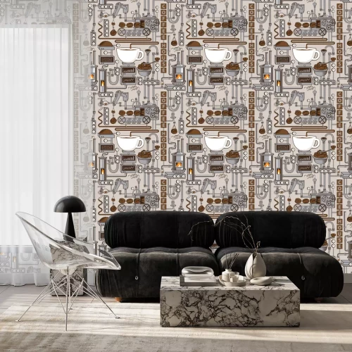 Tapete Vector seamless pattern on coffee theme with a cup of freshly brewed coffee, plant with conveyor coffee production in retro style and with words Coffee house.