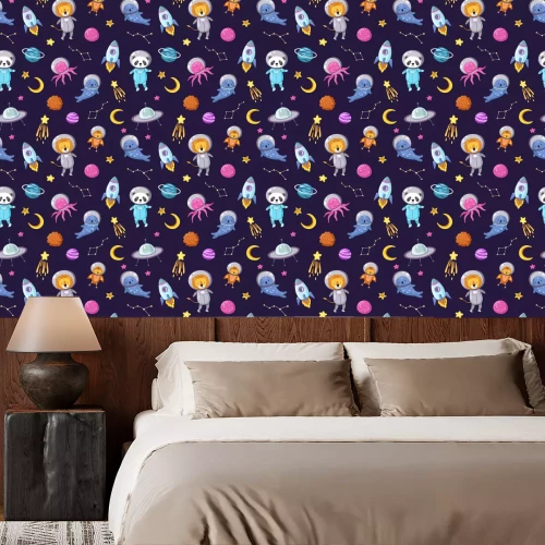 Tapete Space animals pattern. Cute baby animal astronauts flying kid pets cosmonauts funny spaceman boy seamless cosmos vector wallpaper. Illustration of astronaut spaceship, octopus and panda in space suit