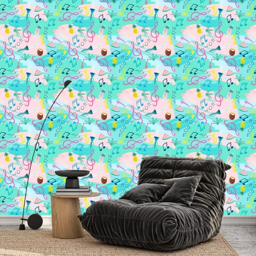 Tapete Nahtloses Muster mit Noten, Instrumenten und Sommersymbolen. Vektor