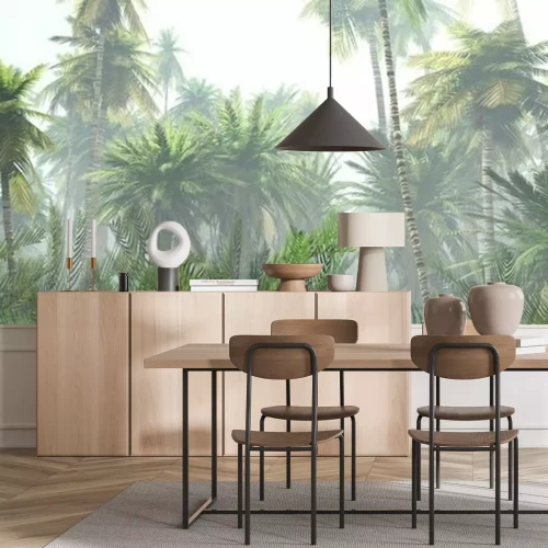 Sticker Jungle in the fog at sunrise, palm trees in the haze