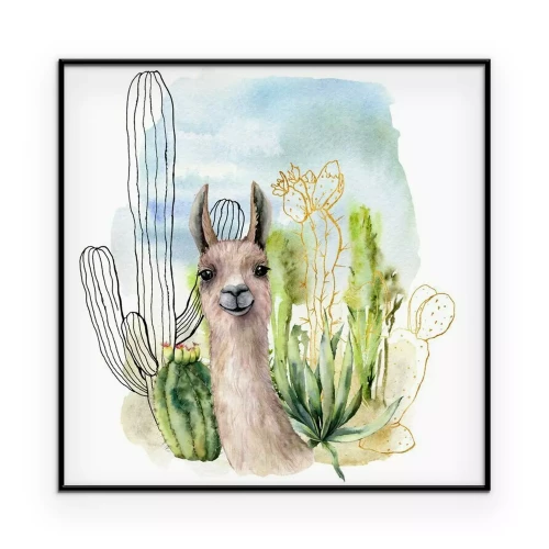 Poster Ein Lama vor Kakteen im Hintergrund