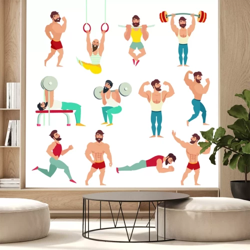 Sticker Satz der muskulösen, bärtigen bemannt Vektorillustration. Fitnessmodels, Posieren, Bodybuilding. Sportler in der Turnhalle. Gymnastikringe, laufend. Lokalisierter Vektor, weißer Hintergrund