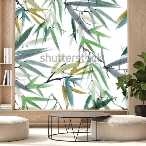 Sticker Aquarell- und Tintenillustration des Bambusses im Art sumi-e, Usünde. Orientalische traditionelle Malerei. Nahtloses Muster.